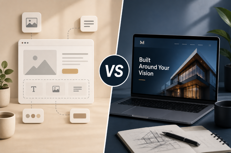 A custom website and a template website compared side by side, with the six real differences between them listed
