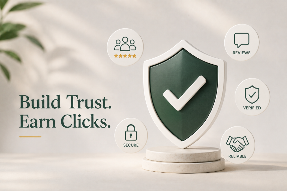 A website page showing the trust signals that build visitor trust and drive conversions, with design quality, up-front disclosure, comprehensive content and third-party proof marked